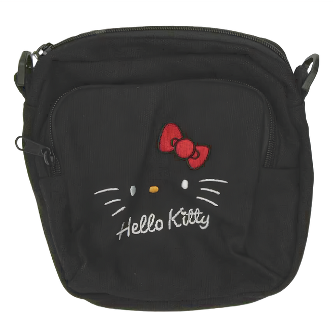 Kiiwi O KT 刺繡斜背小方包 大臉 Hello Kitty, 黑色, 1個