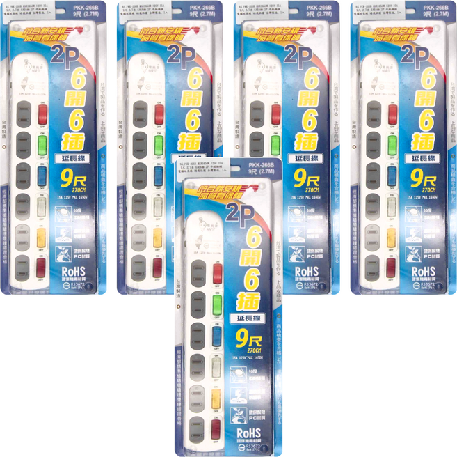 spirit 電精靈 平貼插頭 電腦延長線 過載保護 6開6插 PKK-266B 125V 15A, 270cm, 白色, 5個