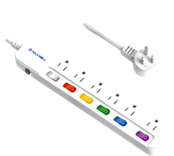 POLYWELL 寶利威爾 6切6座電源延長線 3孔 PW15-T05-A034, 2.74m, 白色, 1條