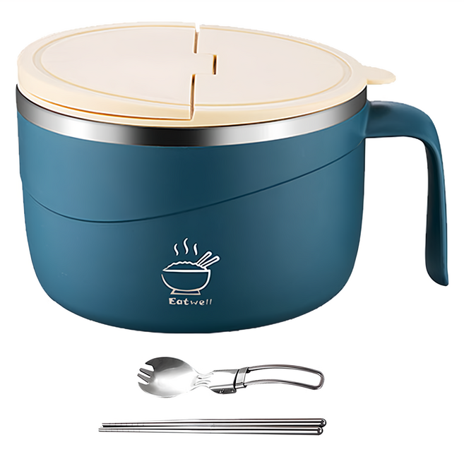 Eatwell 日式帶蓋304不鏽鋼大容量泡麵碗 附餐具 1.2L, 1個, 藍色