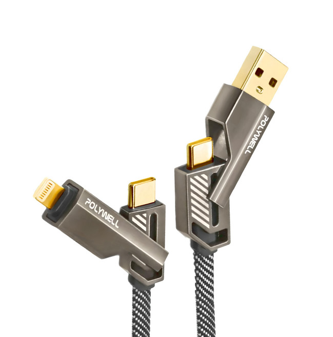 POLYWELL 寶利威爾 USB + C + Lightning 四合一機甲PD編織快充線 PW15-W45-A391, 黑色, 1條, 1m
