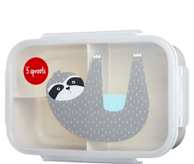 3 sprouts 便當盒 三格分隔設計 四面卡扣設計防溢出 可用洗碗機清洗 可用微波爐, 樹懶 透明蓋子 + 白色便當盒, 1個