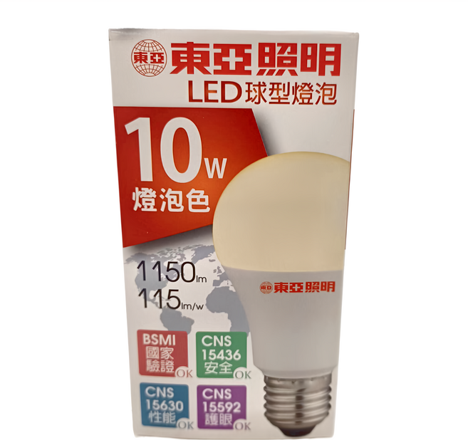 TOA 東亞照明 LED 球泡燈 10W LLA18EV-10AAL 3000K E27 全電壓, 黃光, 20個