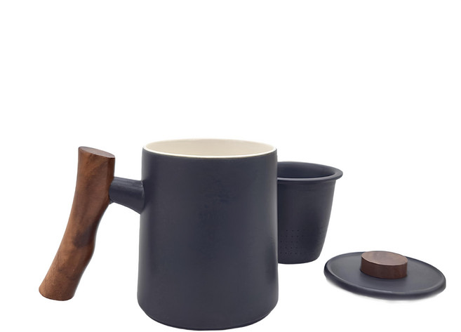 倉木 茶水分離杯禮盒組 陶瓷實木手柄 300ml, 黑色, 1盒