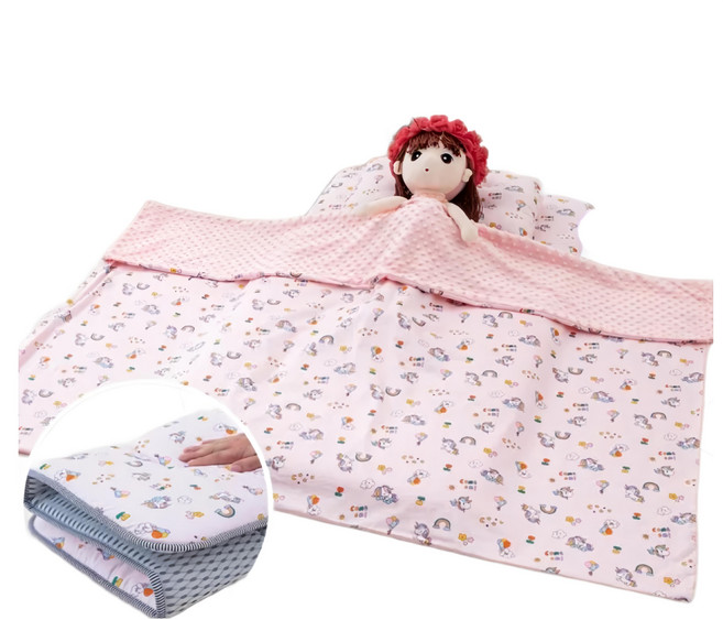 純棉加厚嬰兒床墊/兒童睡墊+安撫毯+安撫童枕 3件組 1kg, 彩虹飛馬 粉色