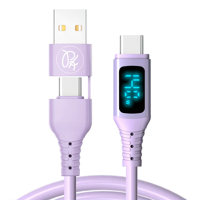 140W 快充 二合一 雙 Type-C USB-A TO Type-C PD 充電傳輸線 液態矽膠 數顯 QC4.0 神速 1.8m 紫色, 1條