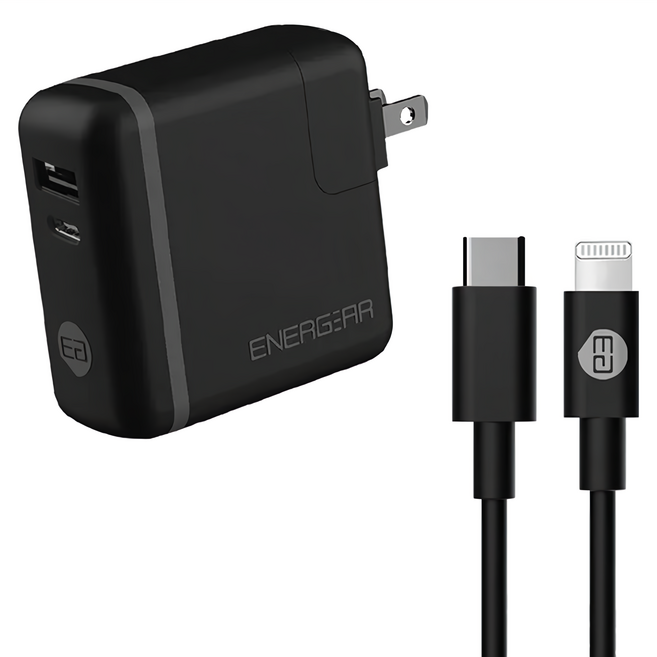 ENERGEAR 安杰爾 30W 雙孔Type-C+USB-A PD快充器 + Type-C to Lightning快充線 140g, 黑色, 1組