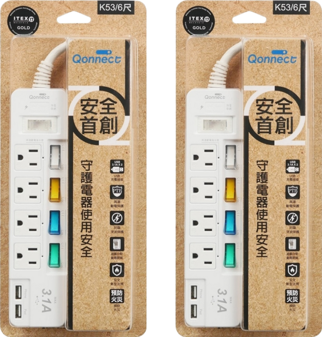 Qonnect 5開4插3P USB延長線, 1.8m, 白色, 2條