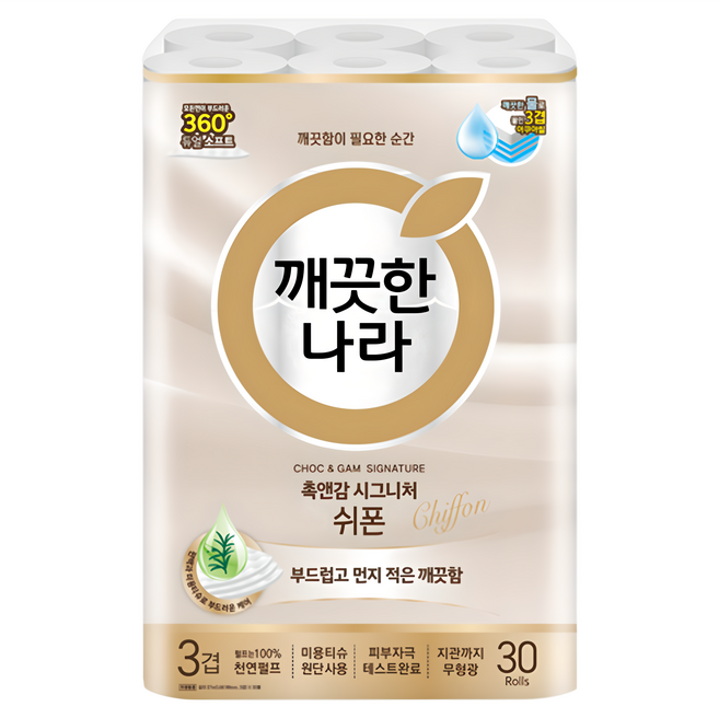 KleanNara 可綠納樂 觸感與感覺招牌雪紡天然紙漿3層高級捲筒衛生紙, 30捲, 1袋, 27m