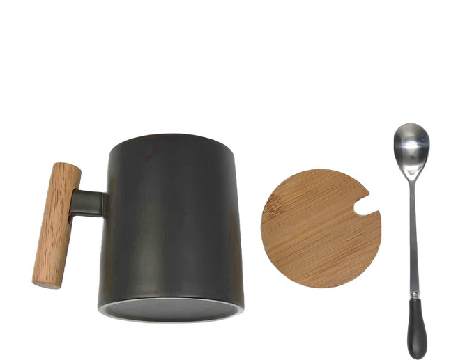 北歐風陶瓷馬克杯禮盒組 CACPO017BK 黑色 含實木 400ml, 1個