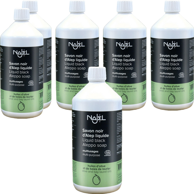 NAJEL 阿勒坡萬用神奇黑皂液 1L 橄欖油和月桂油製成 清潔和去除油脂 廚房/浴室/地板清潔, 6瓶