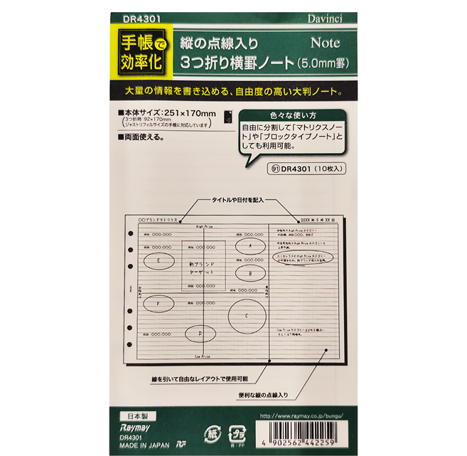 Raymay 藤井 Davinci 聖書三折5.0方眼格內頁 DR4301, 10張, 1本