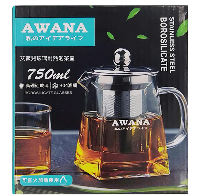 AWANA 艾薇兒玻璃方型泡茶壺 GT-750 14 x 9.5 x 13cm, 透黑色, 750ml, 1入