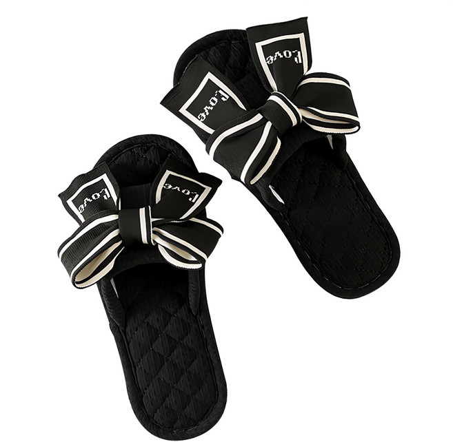 EVER HOUSE 摩登簡約纖細蝴蝶結室內拖鞋, 黑色, 1雙