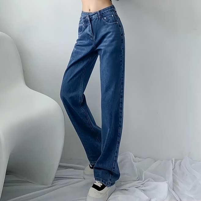 錯位交叉顯瘦直筒牛仔寬褲