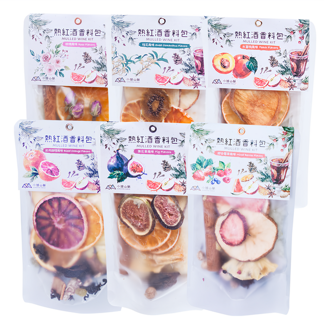 SUNSHINE RANGE 小旭山脈 熱紅酒香料包 最豐富6件組 玫瑰 62g + 桂花 60g + 水蜜桃 72g + 無花果 74g + 紅肉甜橙 70g + 綜合莓果 62g, 1組, 400g