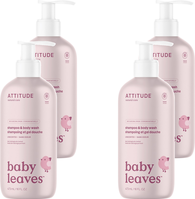 ATTITUDE 艾特優 嬰幼兒2合1洗髮沐浴露 無香, 473ml, 4瓶