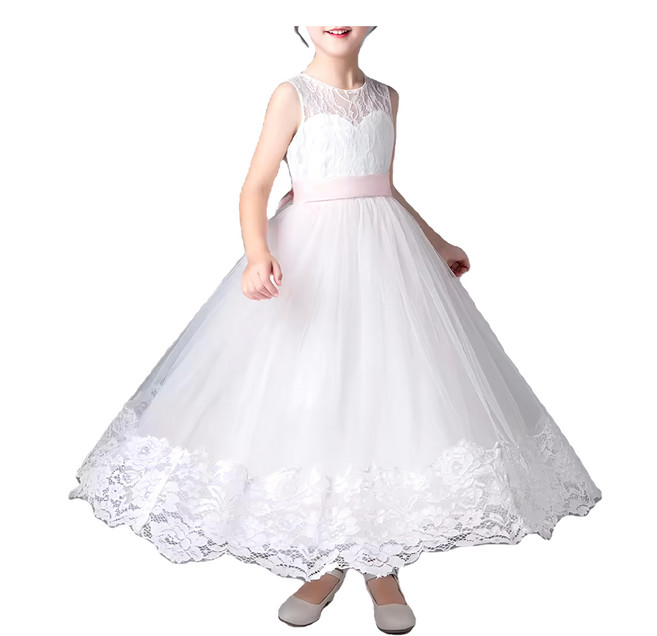 愛貝比 拼接粉色刺繡蕾絲緞帶長裙/禮服/演出服