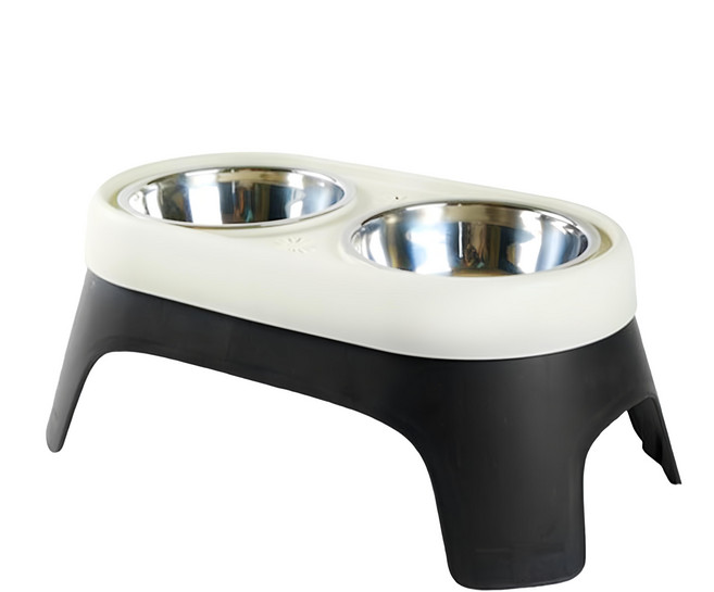 撞色高架護頸不鏽鋼飼料碗, 黑色 + 米色, 1個