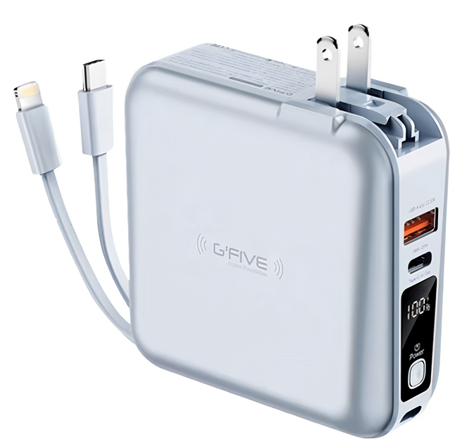 G'FIVE 基伍 22.5W五合一自帶線行動電源 10000mAh Lightning + Type-C + USB-A 原廠保固, GP-W10S, 淺藍色