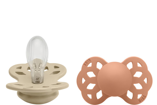 BIBS Infinity雙扁矽膠奶嘴 香草 + 蜜桃粉 - 寶寶安撫奶嘴 2件組, 0~6個月, 1組