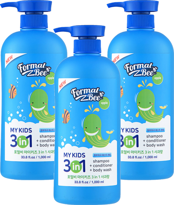 Formal Bee KiDS 3合1 嬰幼兒洗潤髮沐浴乳 蘋果香, 1L, 3瓶