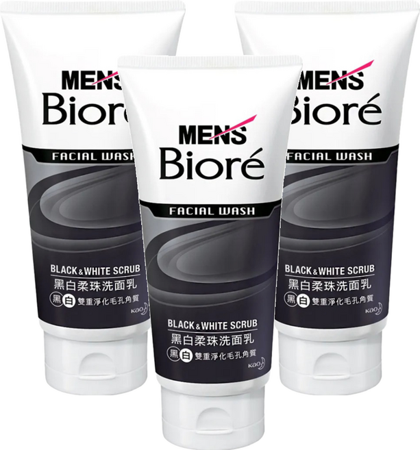 Men's Biore男性專用黑白柔珠洗面乳 深層清潔毛孔角質 古龍水時尚香, 100g, 3條