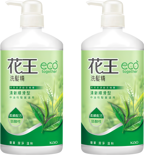 Kao 花王 洗髮精 清新順滑型 750ml 天然綠茶精華 中油性髮質適用 溫和潔淨, 2瓶
