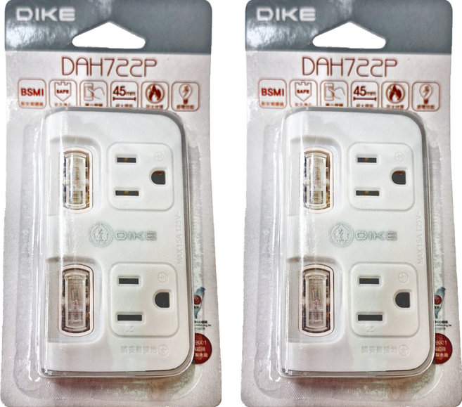 DIKE DAH722P 2切2座 安全加強型節電小壁插 超大插座中心間距 防火PC材質 MIT優質壁插, 白色, 2個