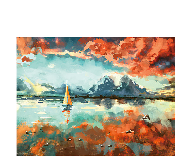 24mama 掛畫 無框畫 油畫布 60 x 80cm 單聯式 海洋中船 日落時分 藝術繪畫 雲 天空 倒影 多色