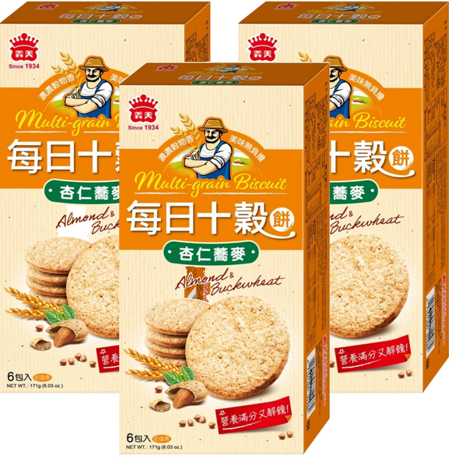 義美 每日十穀養生餅 杏仁蕎麥, 171g, 3盒