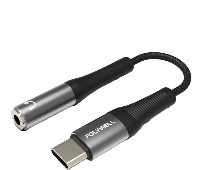 POLYWELL 寶利威爾 Type-C轉3.5mm HiFi音源轉接線, 黑色 + 灰色, 1條