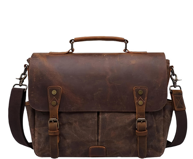 過蠟防潑水帆布配頭層瘋馬牛皮翻蓋肩背手提包男包 CLB04 1140g, 咖啡色