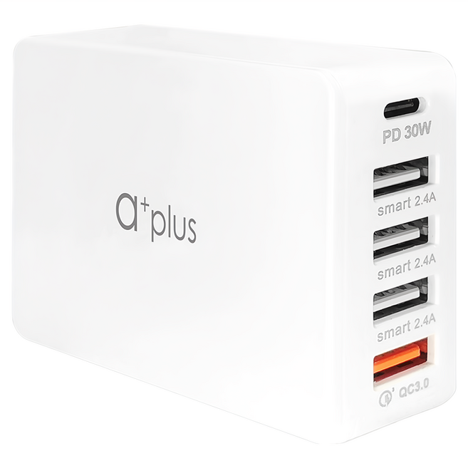a plus 63W PD3.0 X QC3.0 5孔極速電源供應器 APD-63W 100 x 62 x 28 mm 180g, 白色, 1個