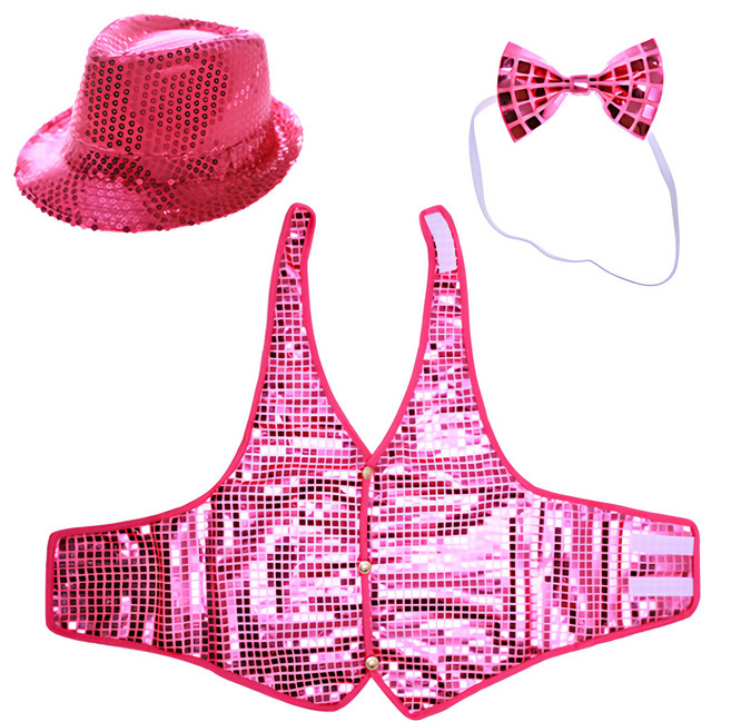 LivingDA 亮片帽 + M號亮片背心 + 蝴蝶領結套組, 粉紅色, 1組