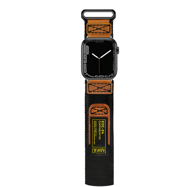 加拿大 Mifa Apple Watch 戰術尼龍混搭真皮皮革運動錶帶 加長版 EDC-34 XL, 黑棕色