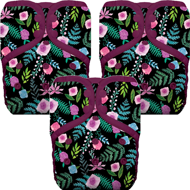 THIRSTIES成長型口袋式布尿布 一般款 壓扣 適合0-36個月的寶寶, Floribunda 黑色 + 紫色, 3件