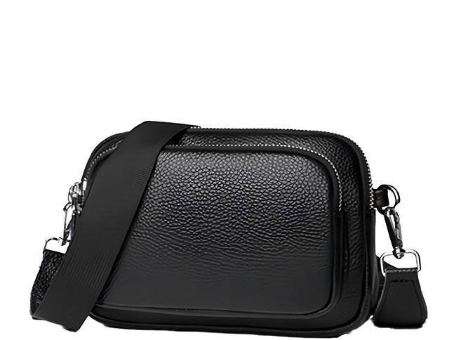 真皮頭層牛皮寬肩帶女士肩背包斜揹包小包女包 – 黑色 拉鍊 可拆卸式肩帶 280g