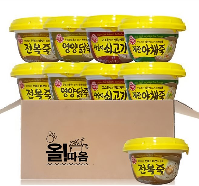 오뚜기 용기죽 4종기획세트 전복죽3+계란야채죽2+쇠고기죽2+영양닭죽2, 285g, 9개
