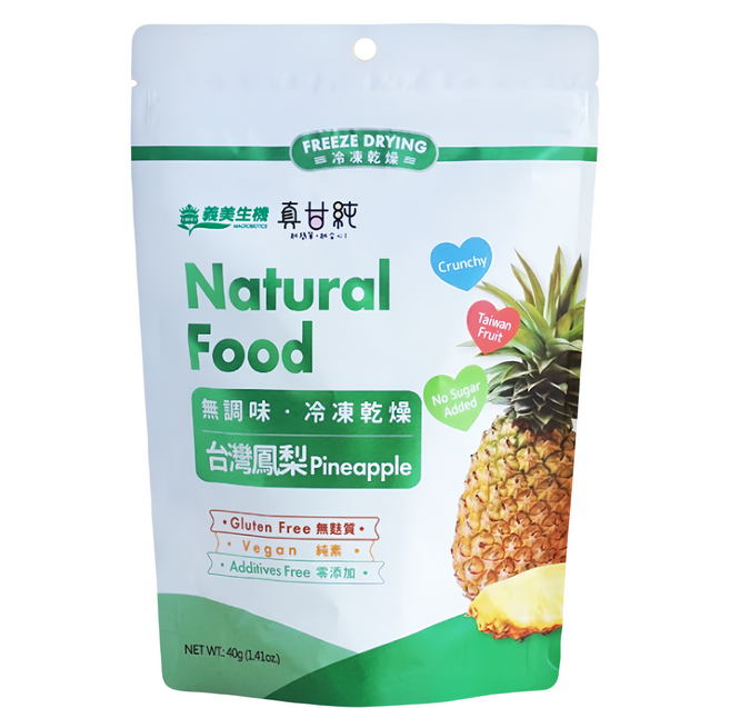 義美生機 真甘純鳳梨 無加糖 40g - 台灣鳳梨冷凍乾燥 無麩質純素零食, 1包