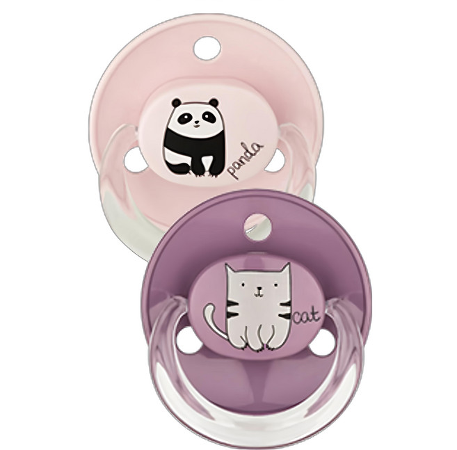 BABYNOVA 矽膠圓頭安撫奶嘴2入組, 0~24個月, 粉熊貓 + 灰小貓, 1組