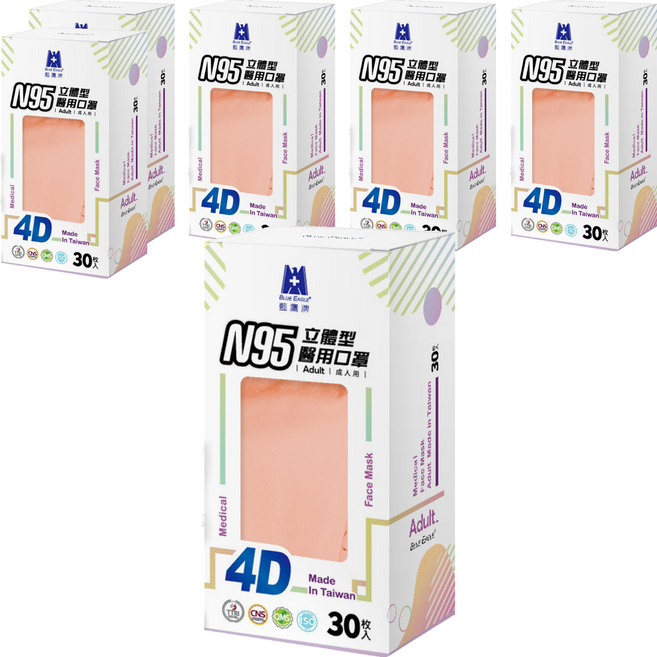 BLUE EAGLE 藍鷹牌 N95 4D立體型醫療成人口罩, 珊瑚橘, 30片, 6盒