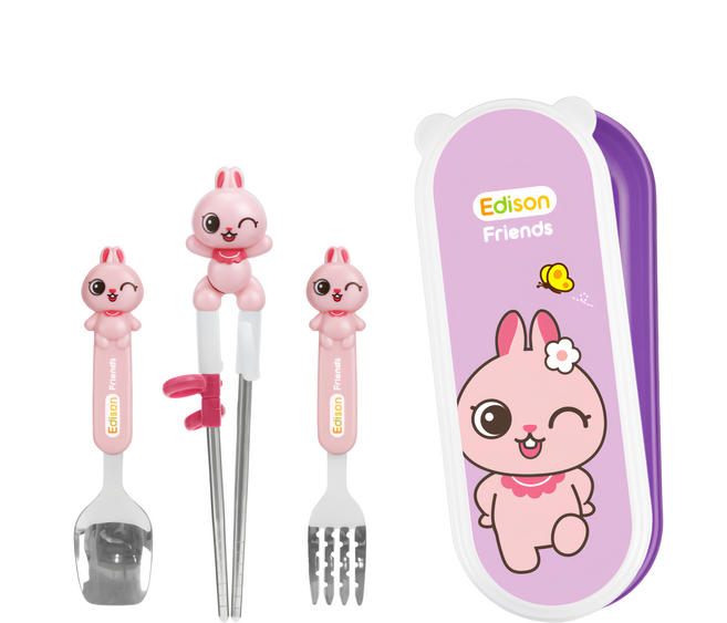 Edison Friends 兒童餐具組, 粉色兔子 + 紫色, 右手學習筷 + 兒童湯匙 + 兒童叉子 + 收納盒, 1組