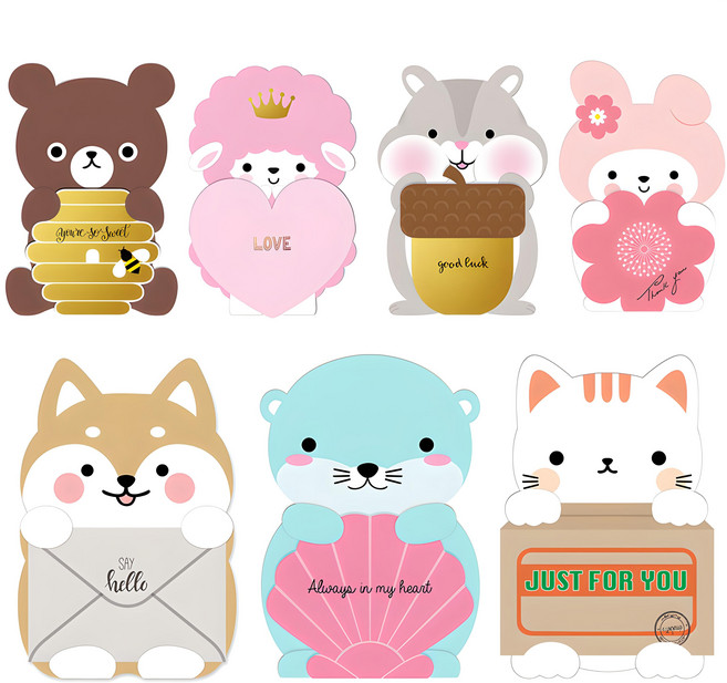 Maumdama 可愛動物折疊明信片卡片組 (7款卡片+7個信封), 多色, 7組