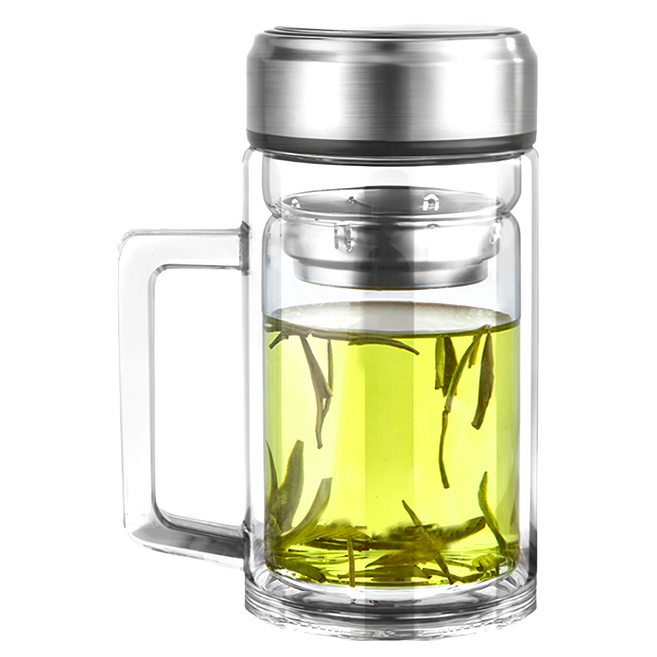 AHOYE 商務型雙層加厚玻璃泡茶杯 304不鏽鋼杯蓋, 透明色, 1個, 380ml