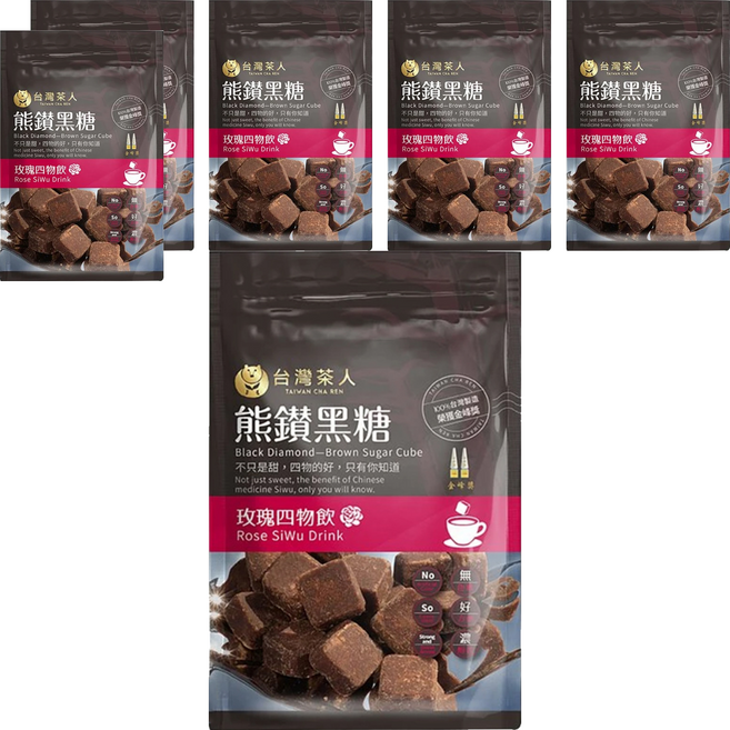 台灣茶人 熊鑽黑糖磚 玫瑰四物飲 獨立包裝 方便攜帶, 136g, 6袋, 1袋