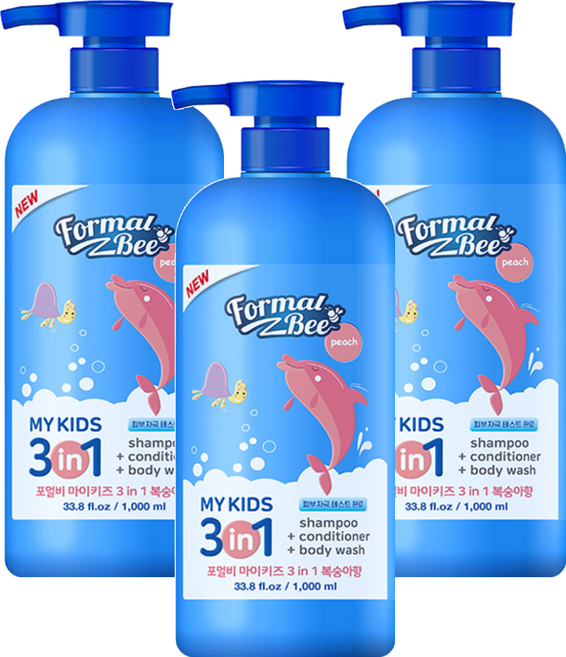 Formal Bee KiDS 3合1 嬰幼兒洗潤髮沐浴乳 水蜜桃香, 1L, 3瓶