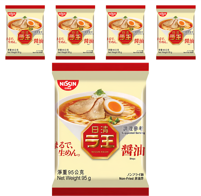 NISSIN 日清 拉王 非油炸速食麵 醬油 95g, 5包