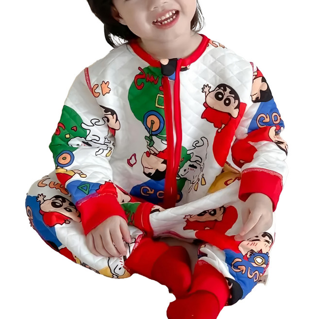 Shinchan 蠟筆小新 秋冬全棉質無痕防踢被 螺紋袖口褲口設計 全身無縫 三頭拉鍊, 紅腳踏車小新