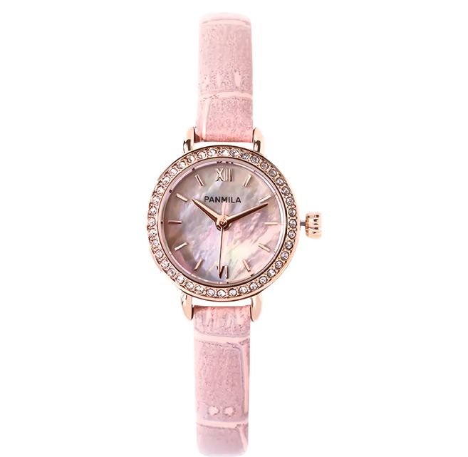 RADIANT STAR 璀璨之星 PANMILA無暇歲月珍珠母貝錶框點鑽竹節紋真皮手錶 WPA0561